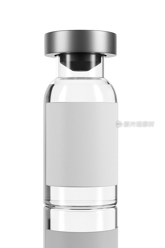 药瓶模型。它是一个小的，透明的玻璃容器，有一个狭窄的颈和一个橡胶塞。里面的药看起来是一种透明无色的液体。3 d渲染。